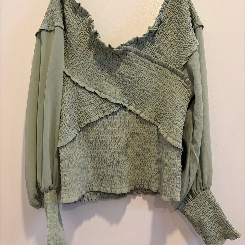 BB Dakota Sage Green Smocked V-Neck Blouse